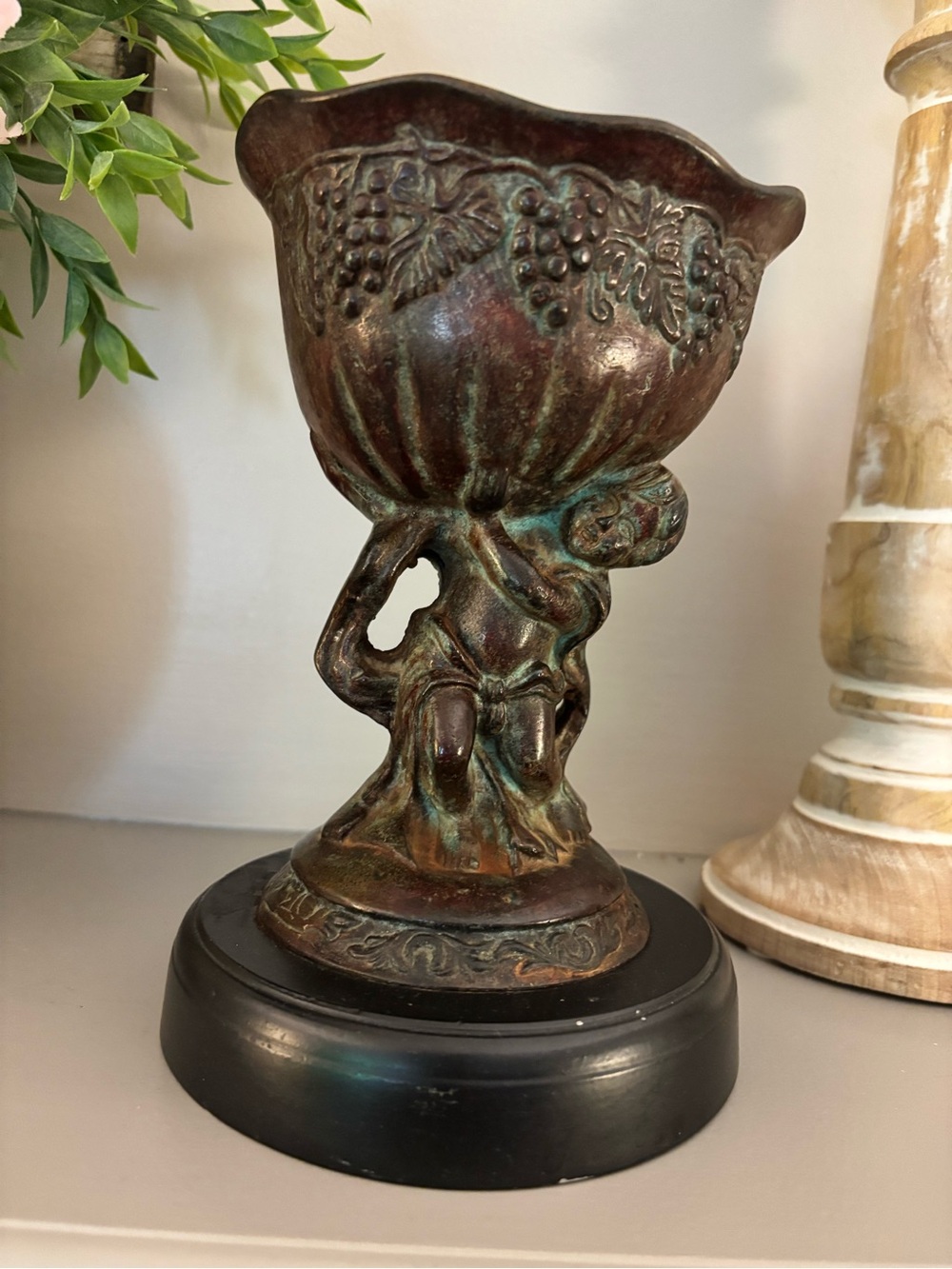 Antique-Style Verdigris Cherub Urn Accent Vase